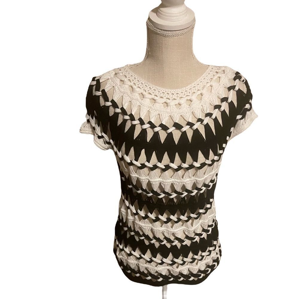Chicos Black & White Chunky Sheer Striped Crochet Knit Top